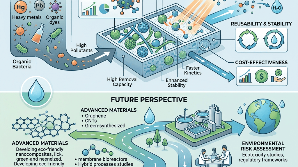 Infographic on nanocomposites for sustainable wastewater treatment, performance evaluation, and future prospects