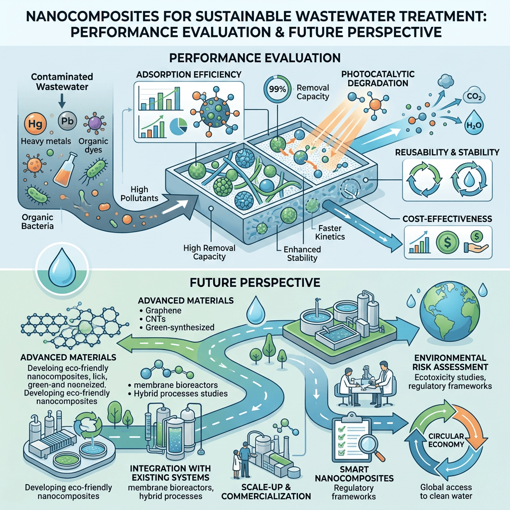 Infographic on nanocomposites for sustainable wastewater treatment, performance evaluation, and future prospects