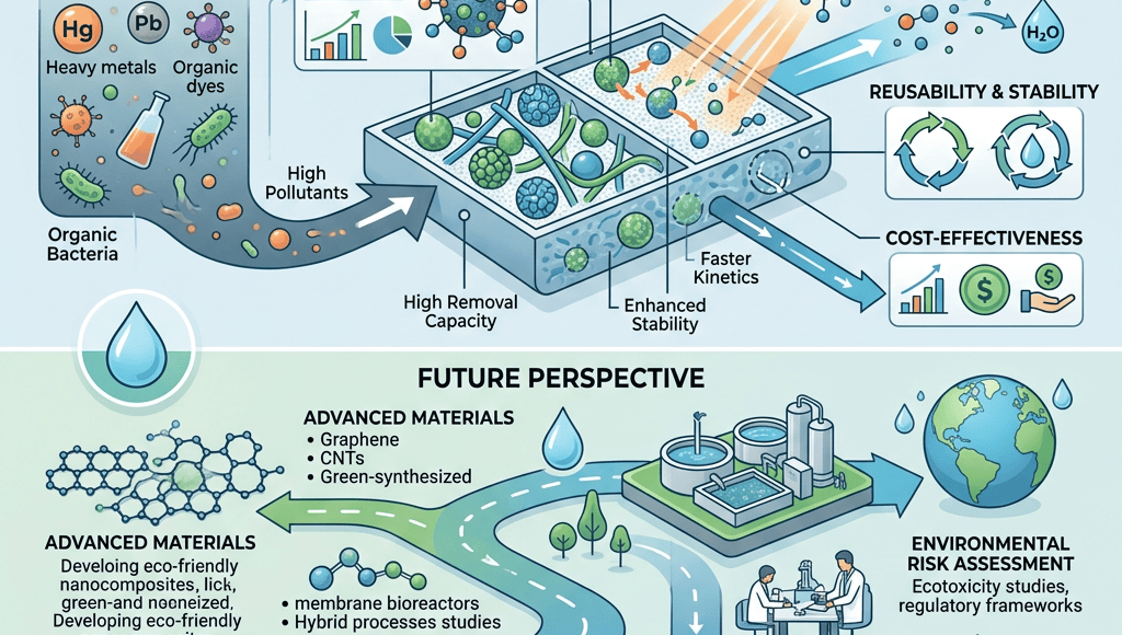 Infographic on nanocomposites for sustainable wastewater treatment, performance evaluation, and future prospects